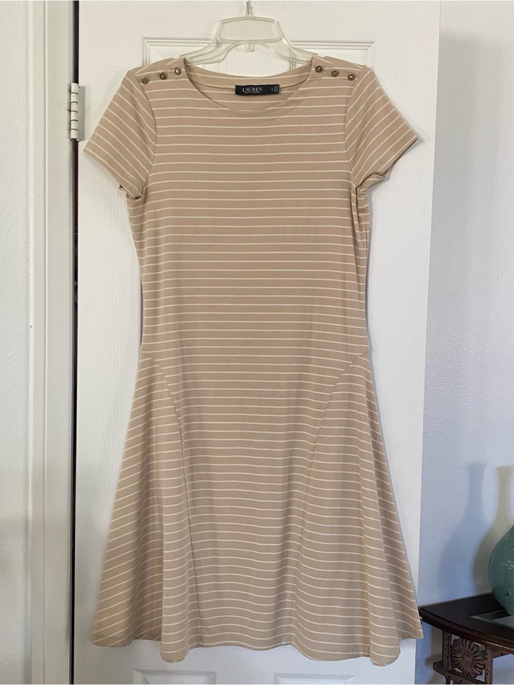 LAUREN RALPH LAUREN Womens Beige Short Sleeve Fit + Flare Dress Size 6